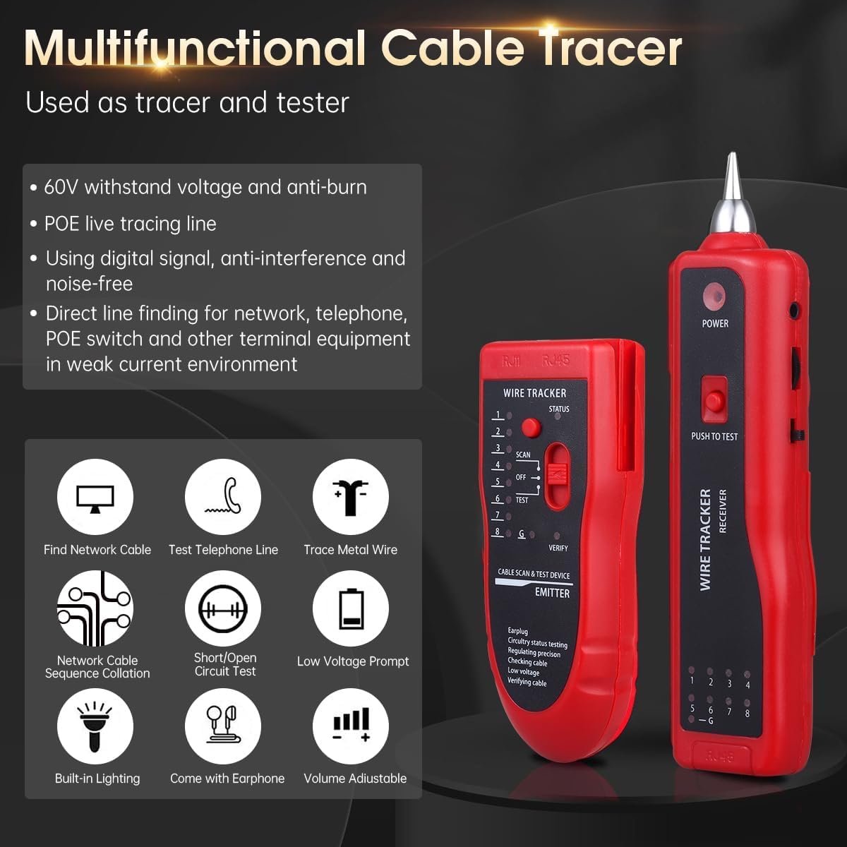 RJ45 Line Tester with Wire Tracker | Ethernet Meter for Network Cable Testing | LAN Cable Tester RJ11 RJ45 Cat5 Cat6 | Telephone Line Finder with Breakpoint Detection - Image 4